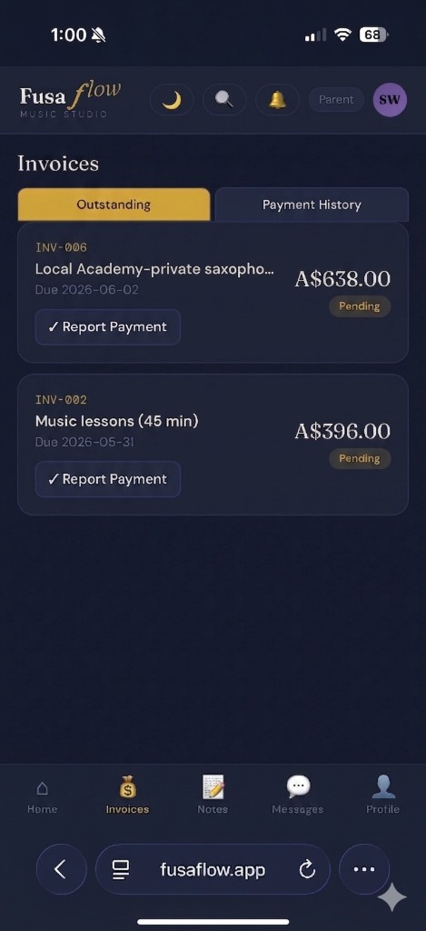 Parent invoices screen